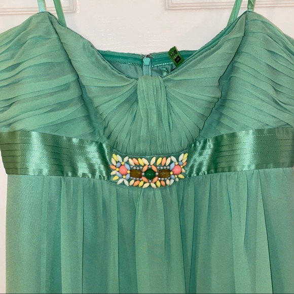 BCBGMAXAZRIA EMERALD GREEN/BLUE SILK CHIFFON WOVEN STRAPLESS MINI COCKTAIL DRESS - Picture 4 of 14